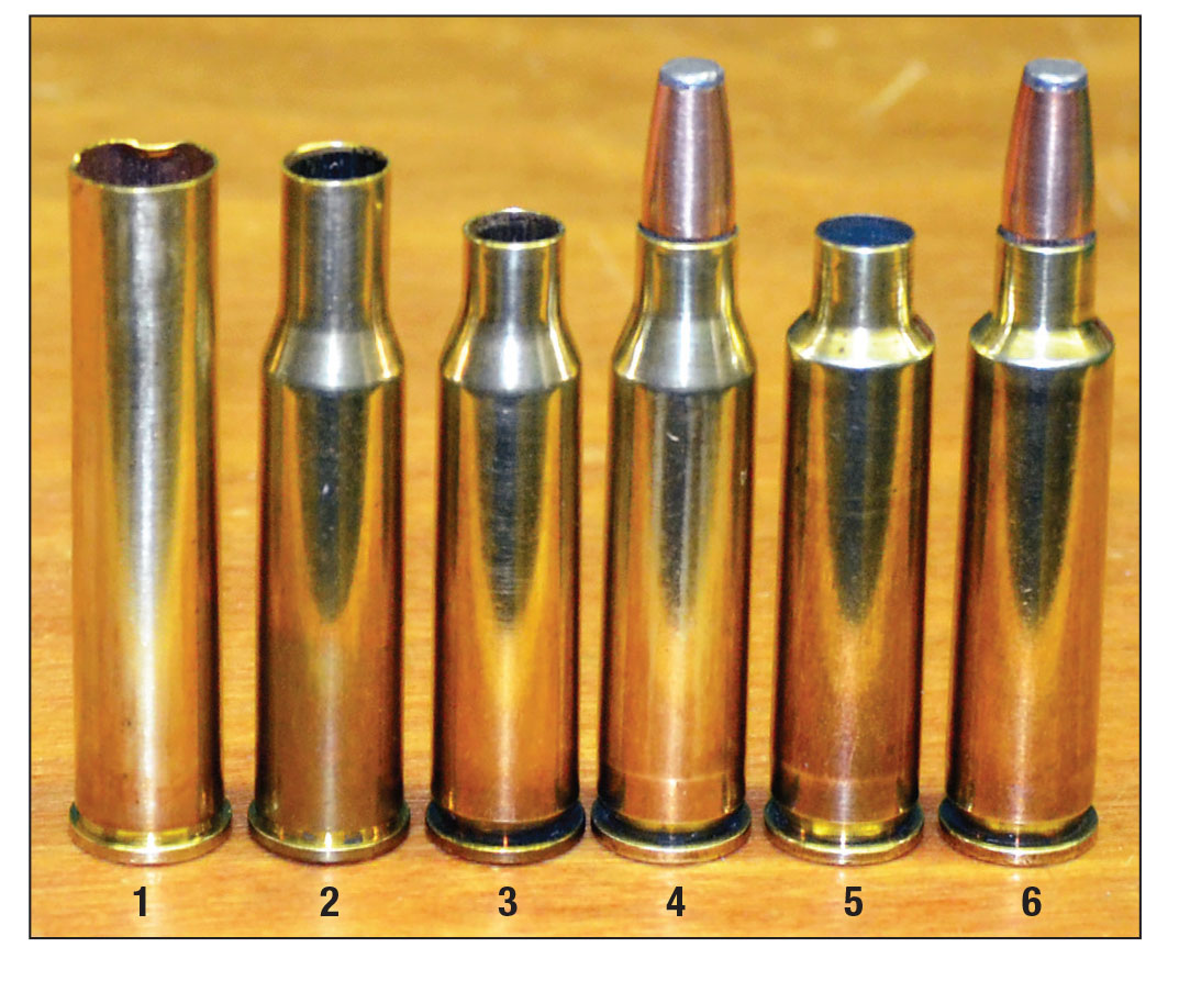 The 7mm STE can also be formed from Starline .444 Marlin brass: (1) .444 Marlin case, (2) .444 Marlin case necked down with a 7mm STE full-length sizing die, (3) case trimmed to 2.015 inches, (4) shortened case loaded for fireforming, (5) fireformed case and (6) loaded 7mm STE round.